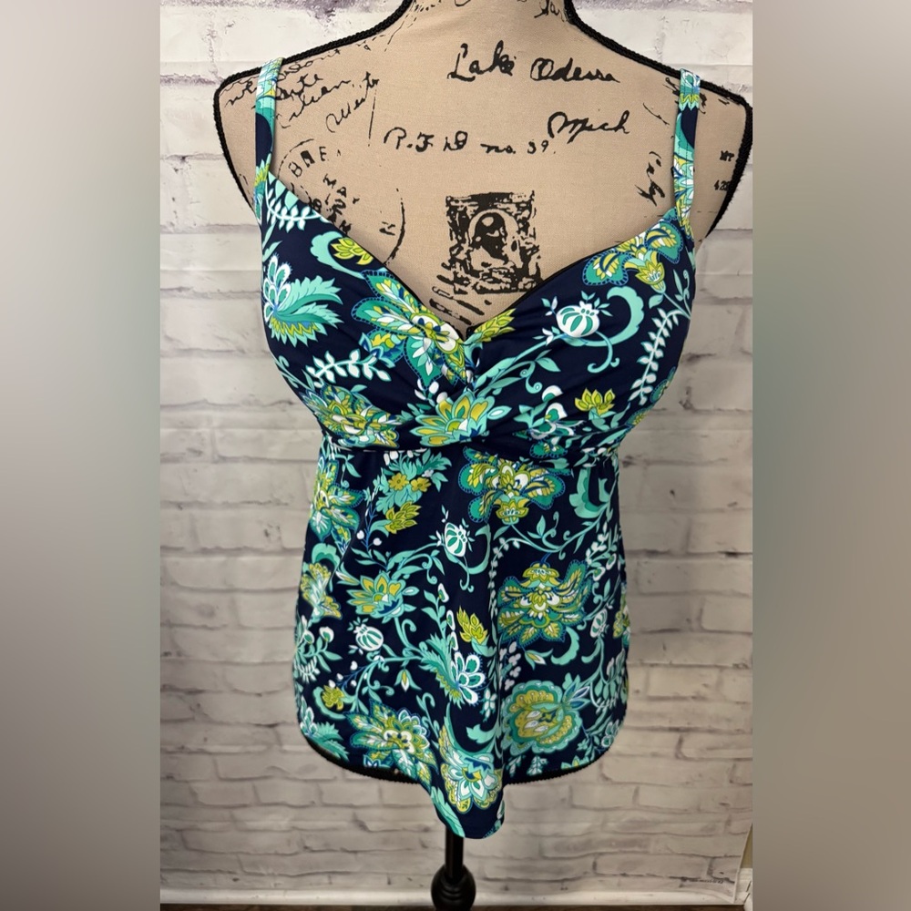 Lands' End Size 32DD/34D Blue Green‎ Floral Tankini Top Underwire Bra Swimsuit